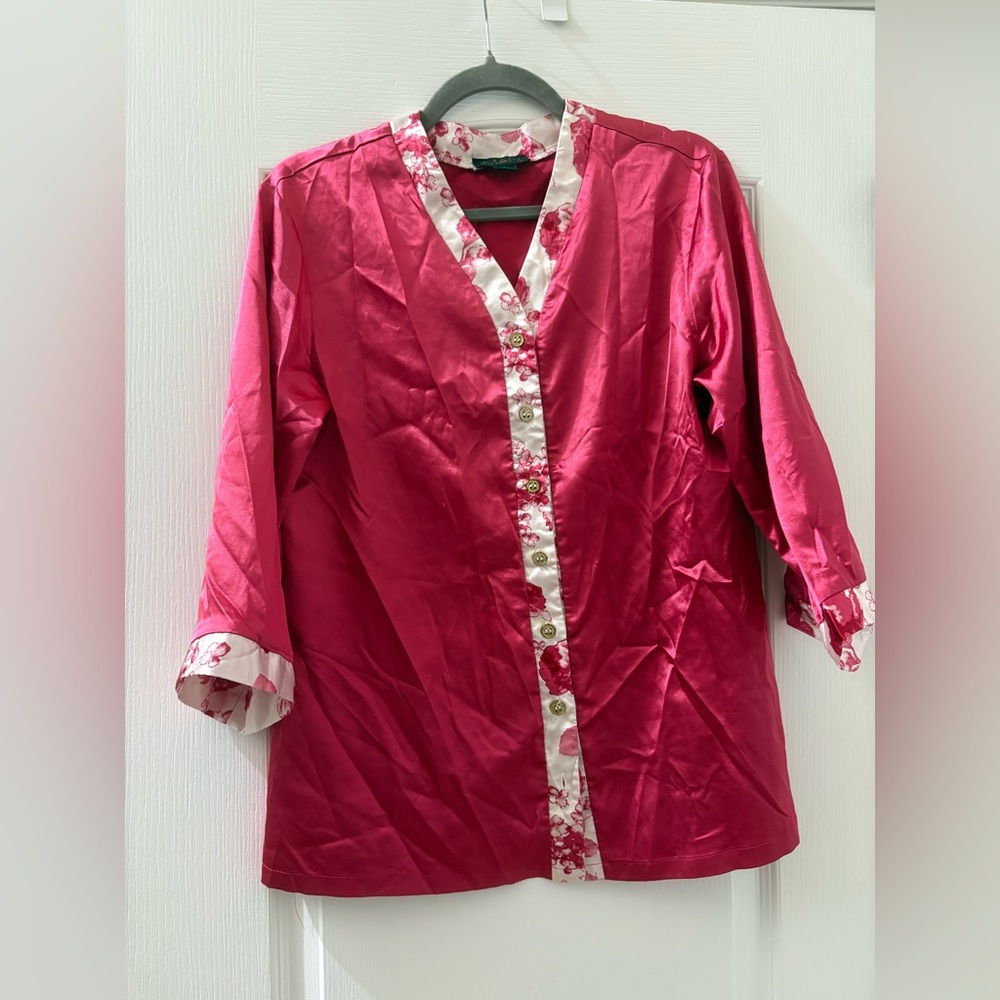 IMAN Pink Floral-Trim Button Blouse